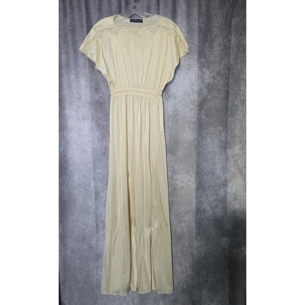 Vintage 70s Cira Interludes Butter Yellow Overlay Maxi Nightgown Slit S Bridal